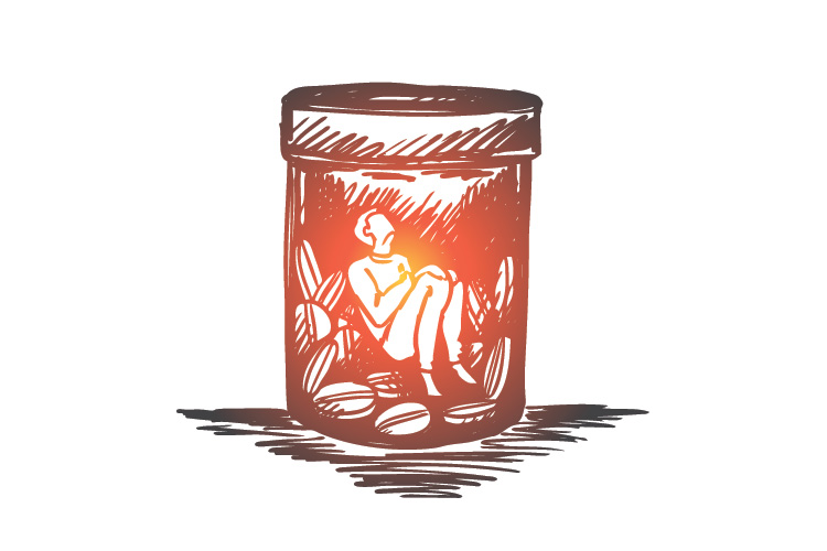 person trapped in pill bottle drawing