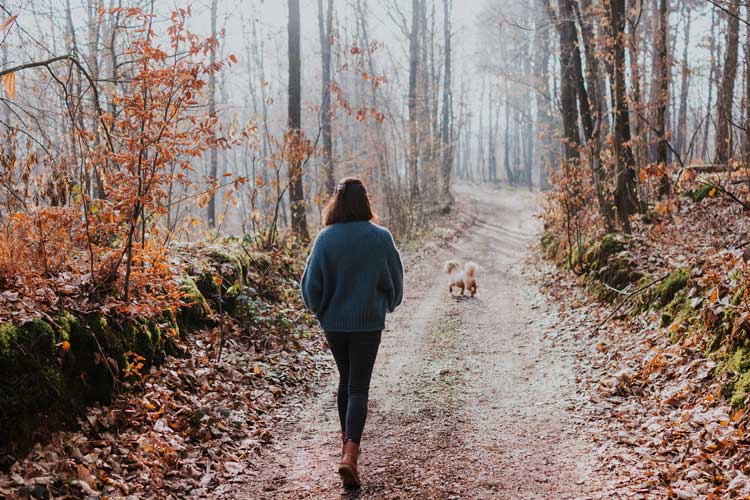 woman walking dog down path