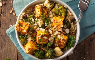 bowl of tofu, rice, grains, and veggies - diet