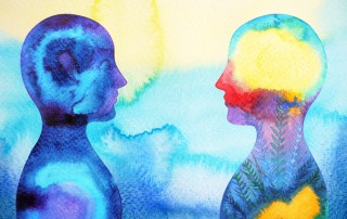 watercolor painting of two people facing each other - bright colors - cognitive behavioral therapy