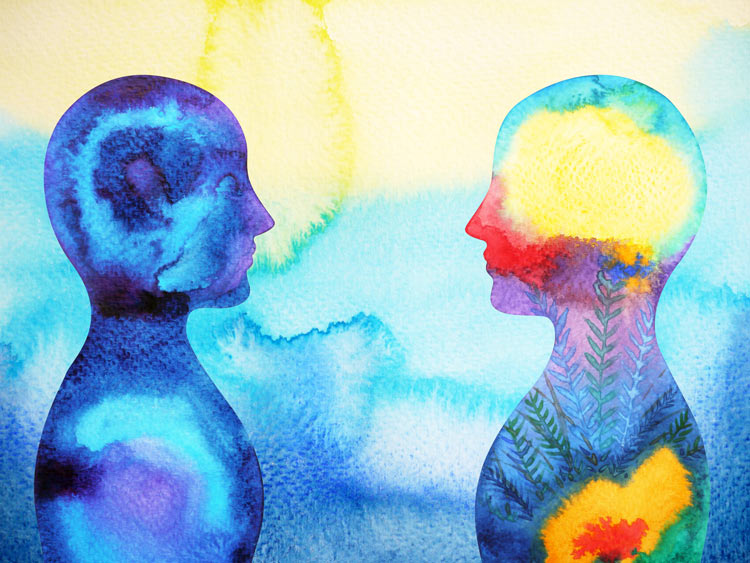 watercolor painting of two people facing each other - bright colors - cognitive behavioral therapy