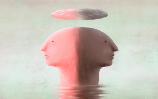 Illustrated double head with cloud- Self Harm