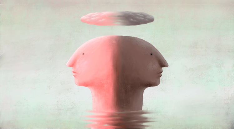 Illustrated double head with cloud- Self Harm