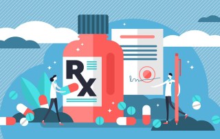 brightly colored digital illustration in flat looking style of large prescription pad and bottle with small people and pills moving about - benzos addiction
