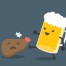 digital illustration of a foamy mug of beer beating up and kicking a damaged brown liver - alcohol and the liver