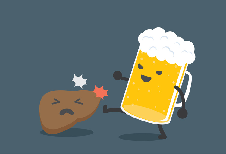 digital illustration of a foamy mug of beer beating up and kicking a damaged brown liver - alcohol and the liver
