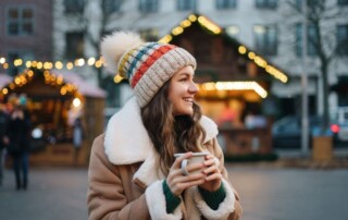 A woman wearing a winter coat and knit hat smiles while holding a warm drink at an outdoor holiday market lit with festive lights.
