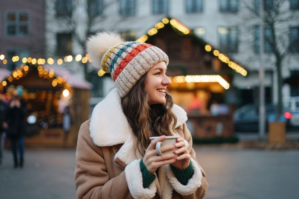 A woman wearing a winter coat and knit hat smiles while holding a warm drink at an outdoor holiday market lit with festive lights.